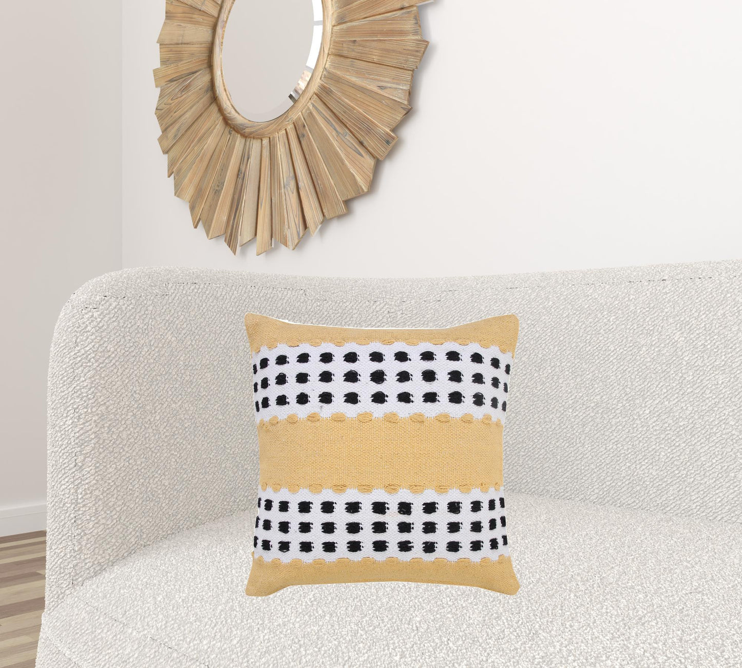 20" X 20" Yellow Black And White 100% Cotton Striped Zippered Pillow