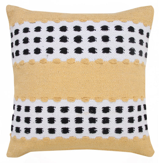 20" X 20" Yellow Black And White 100% Cotton Striped Zippered Pillow