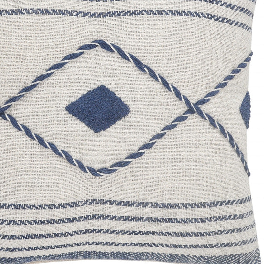 20" X 20" Blue And White 100% Cotton Coastal Zippered Pillow