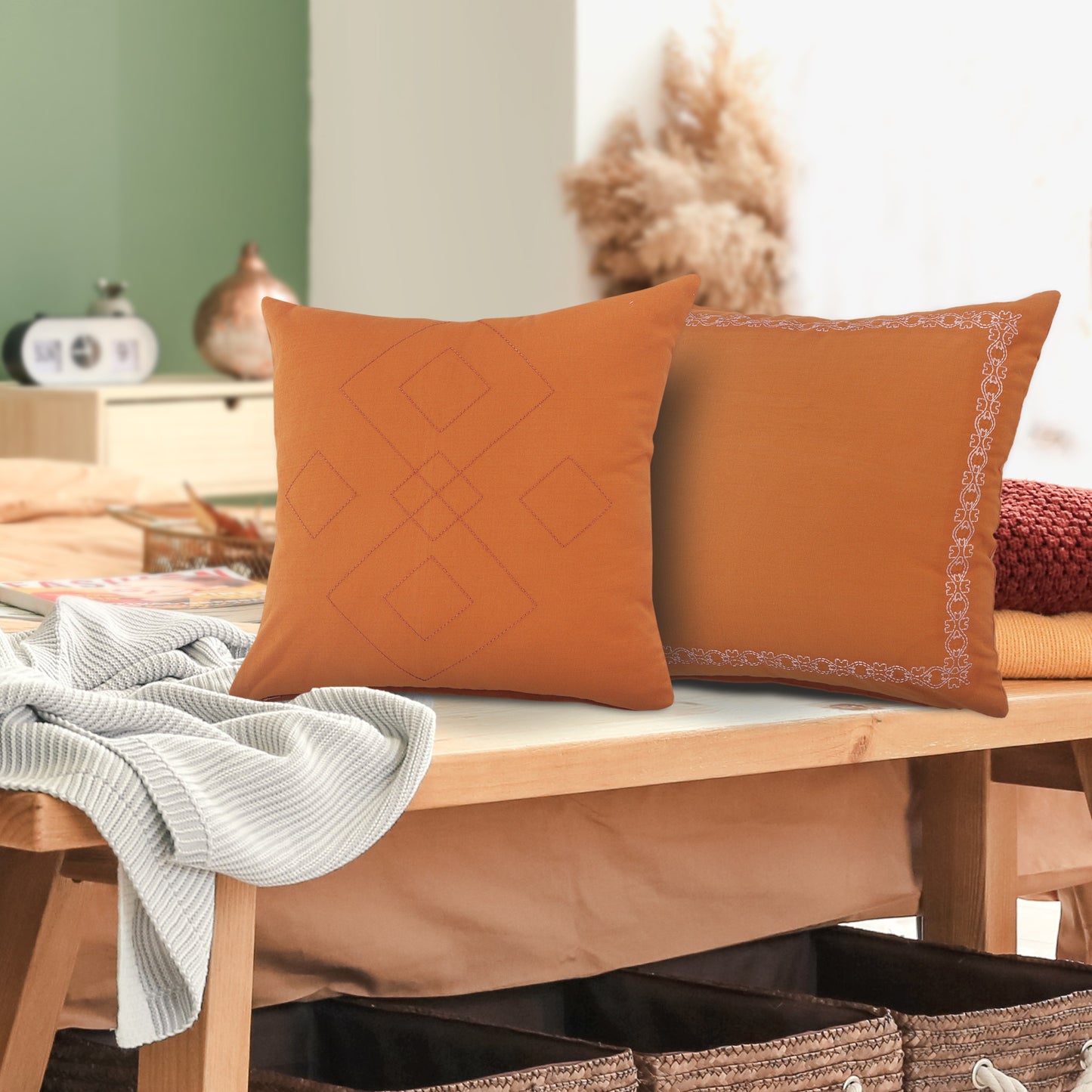 20" X 20" Orange And Dark Orange 100% Cotton Diamond Zippered Pillow