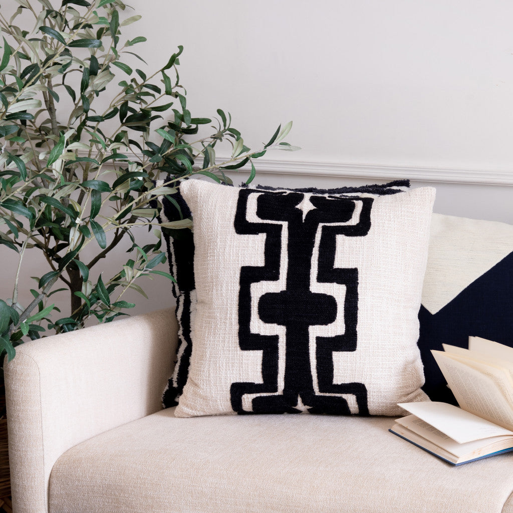 24" X 24" Black And Ivory 100% Cotton Geometric Zippered Pillow