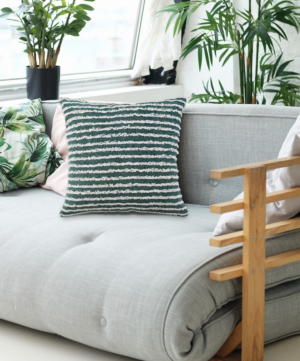 20" X 20" Green And Cream 100% Cotton Striped Zippered Pillow