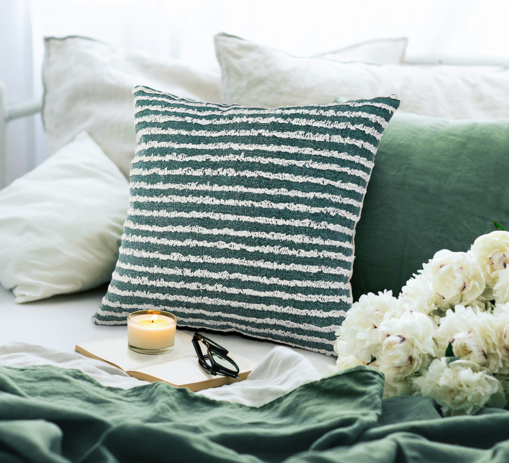 20" X 20" Green And Cream 100% Cotton Striped Zippered Pillow