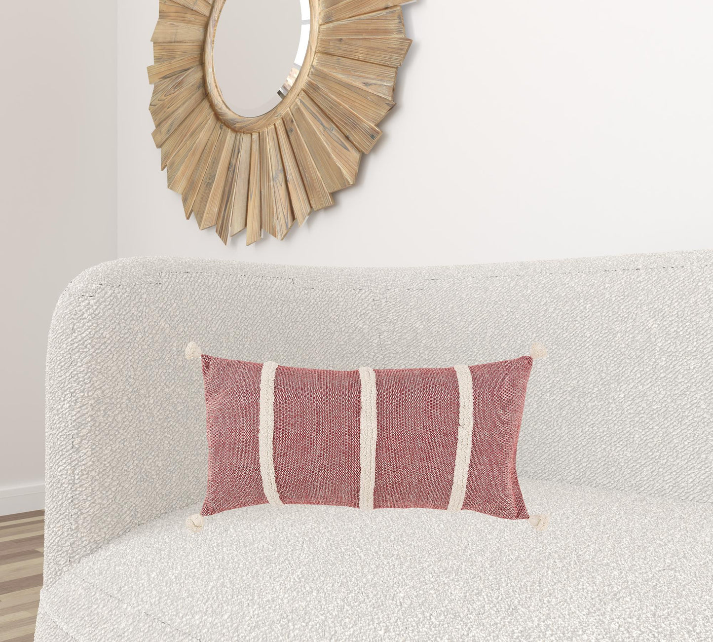 14" X 14" Red and White Cotton Pillow With Tassels Edges