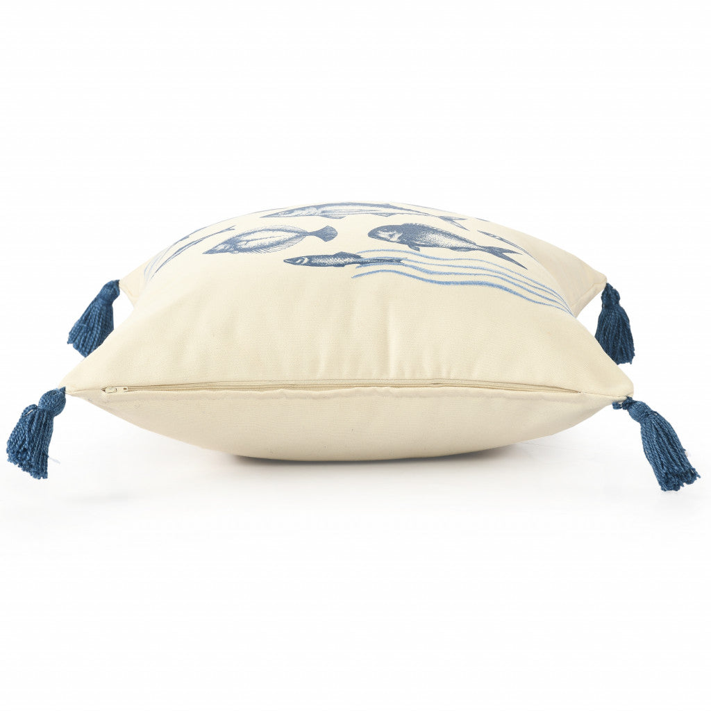 20" X 20" Blue And Cream Fish Polyester Animal Print Zippered Pillow