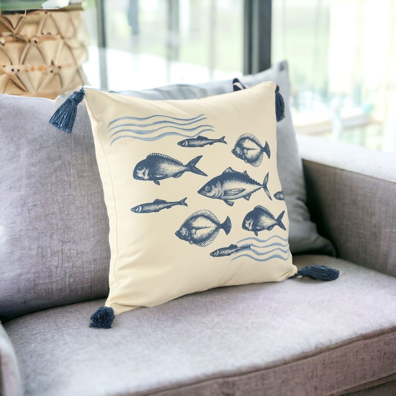 20" X 20" Blue And Cream Fish Polyester Animal Print Zippered Pillow