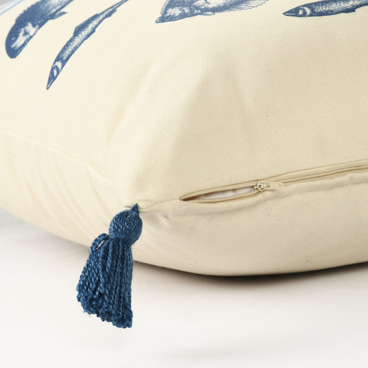 20" X 20" Blue And Cream Fish Polyester Animal Print Zippered Pillow