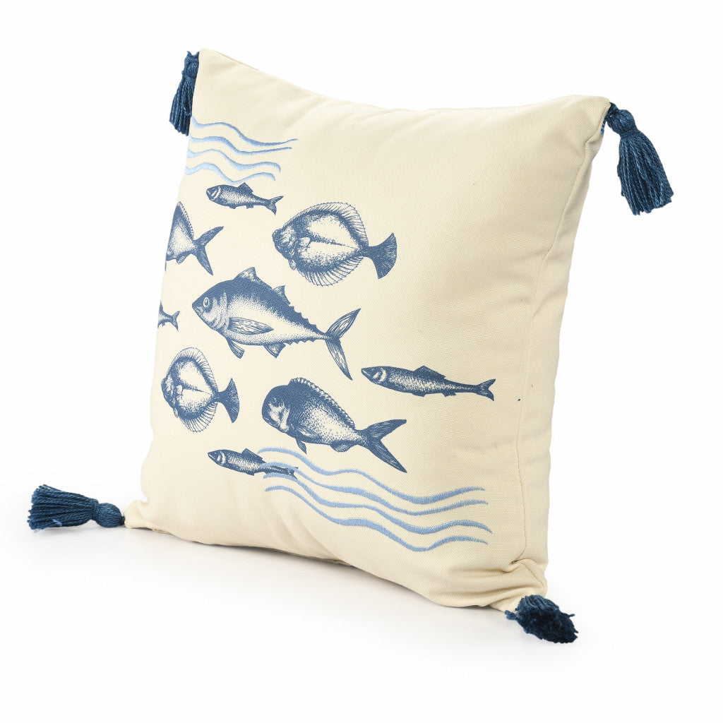 20" X 20" Blue And Cream Fish Polyester Animal Print Zippered Pillow