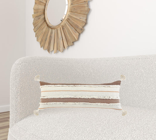 14" X 36" Brown And Off-White 100% Cotton Striped Zippered Pillow