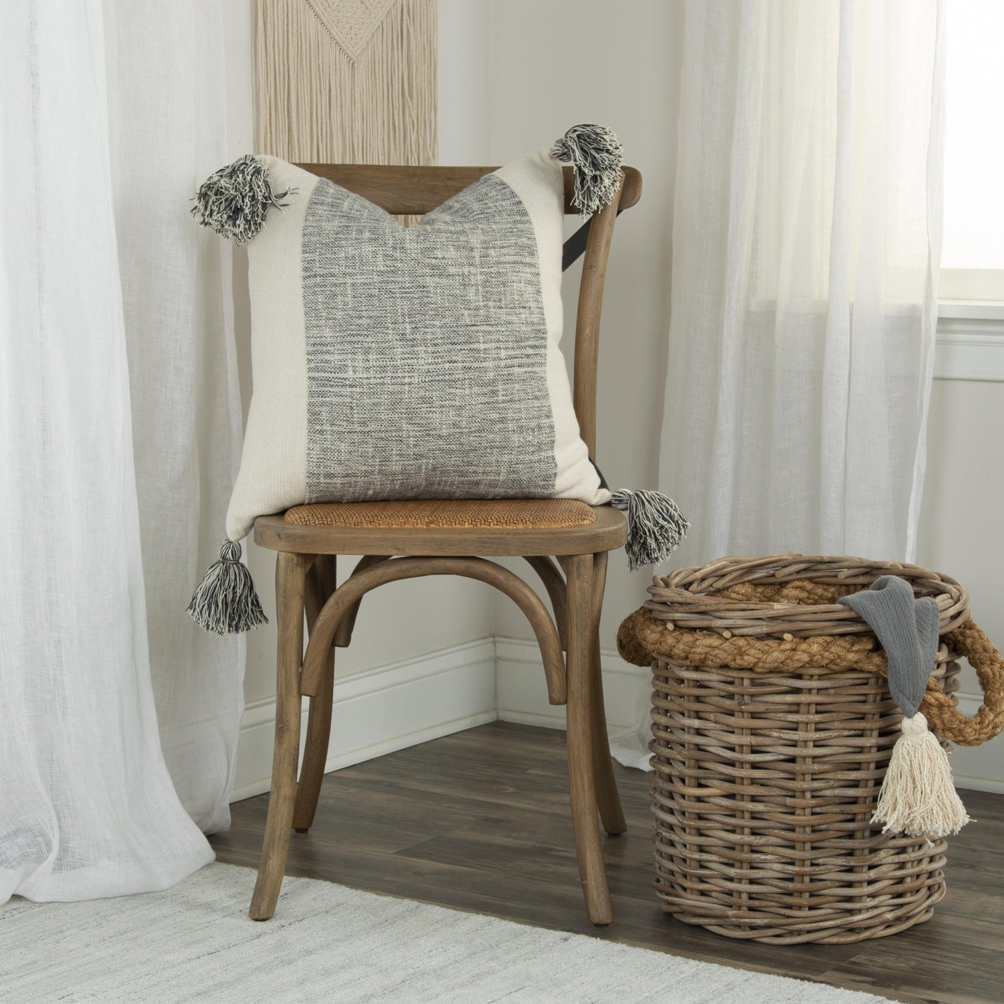 20" Gray and Ivory Cotton Pillow With Tassels Edges