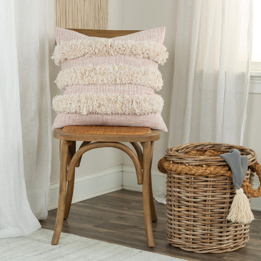 20" Beige and Pink Cotton Pillow With Fringe Edges