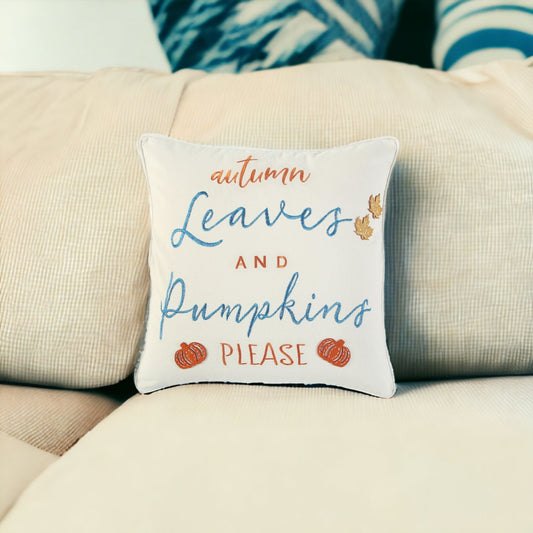 20" Ivory Blue and Orange Thanksgiving Cotton Pillow With Applique, Embroidery Edges