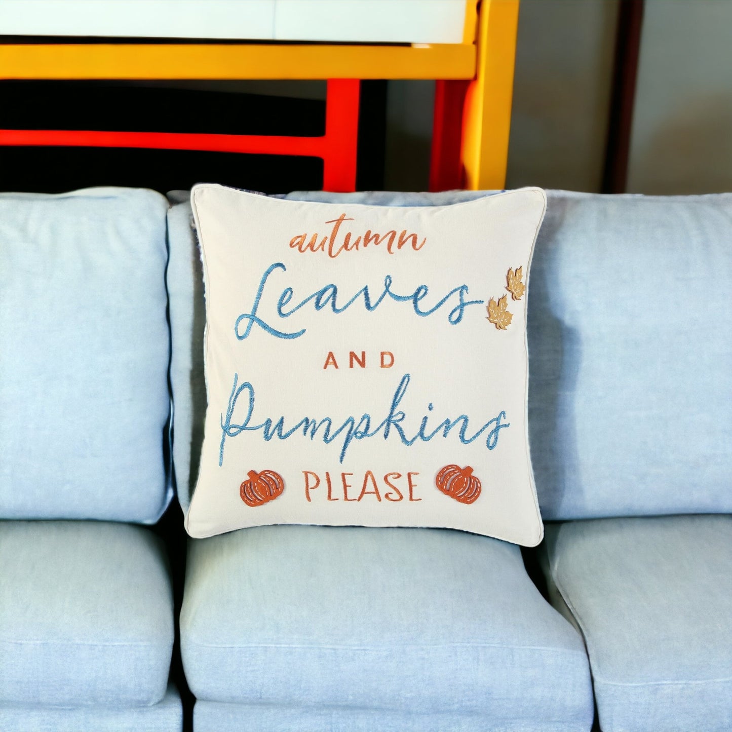 20" Ivory Blue and Orange Thanksgiving Cotton Pillow With Applique, Embroidery Edges
