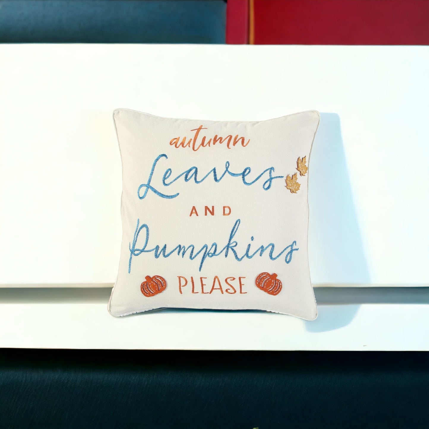 20" Ivory Blue and Orange Thanksgiving Cotton Pillow With Applique, Embroidery Edges