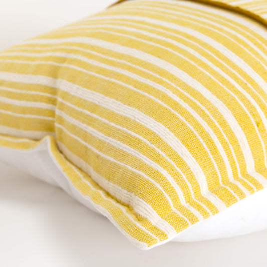 20" Yellow and White Cotton Pillow With Embroidery Edges
