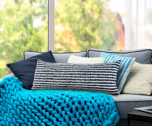 14" X 36" Ensign Blue And Cream 100% Cotton Striped Zippered Pillow