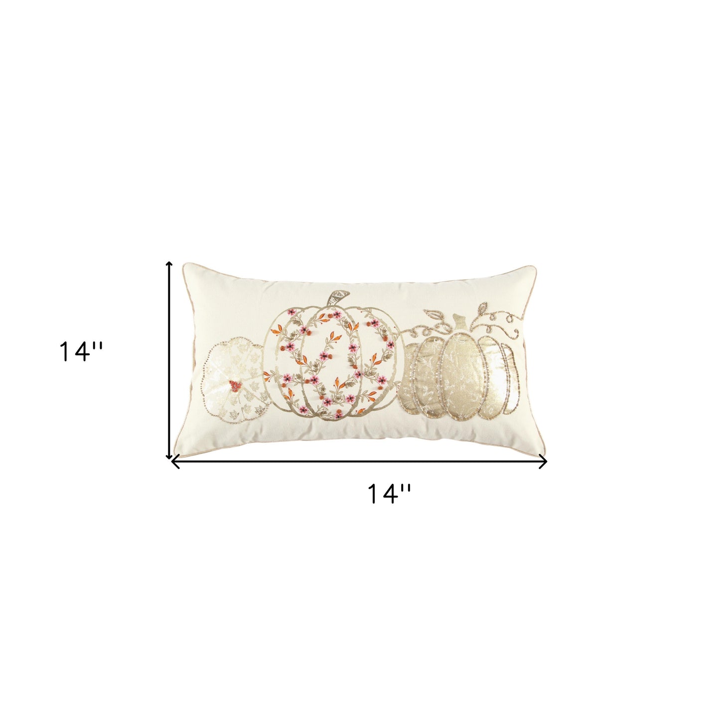 14" X 14" Gold and Ivory Thanksgiving Cotton Pillow With Embroidery, Beads, Pom Poms Edges