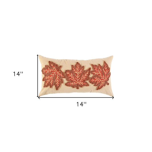 14" X 14" Beige and Brown Thanksgiving Cotton Pillow With Applique, Embroidery Edges