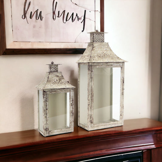 Set Of Two Beige Flameless Floor Lantern Candle Holder