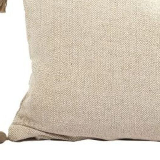 Set Of Two 12" x 24" Taupe 100% Cotton Herringbone Pillows With Tassels