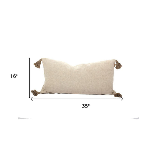 Set Of Two 16" x 35" Taupe 100% Cotton Herringbone Pillows With Tassels