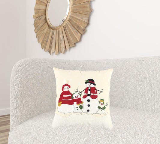 20" Red and Ivory Christmas Cotton Pillow With Applique, Embroidery, Pom Poms Edges