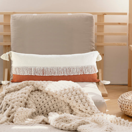 14" X 36" Orange And Off-White 100% Cotton Zippered Pillow