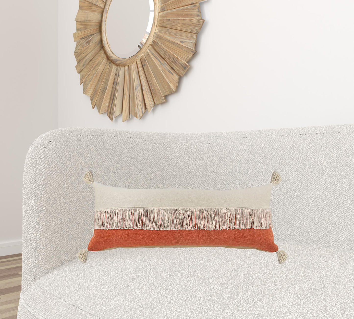 14" X 36" Orange And Off-White 100% Cotton Zippered Pillow