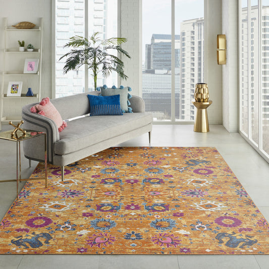 9' x 12' Gold Floral Power Loom Area Rug
