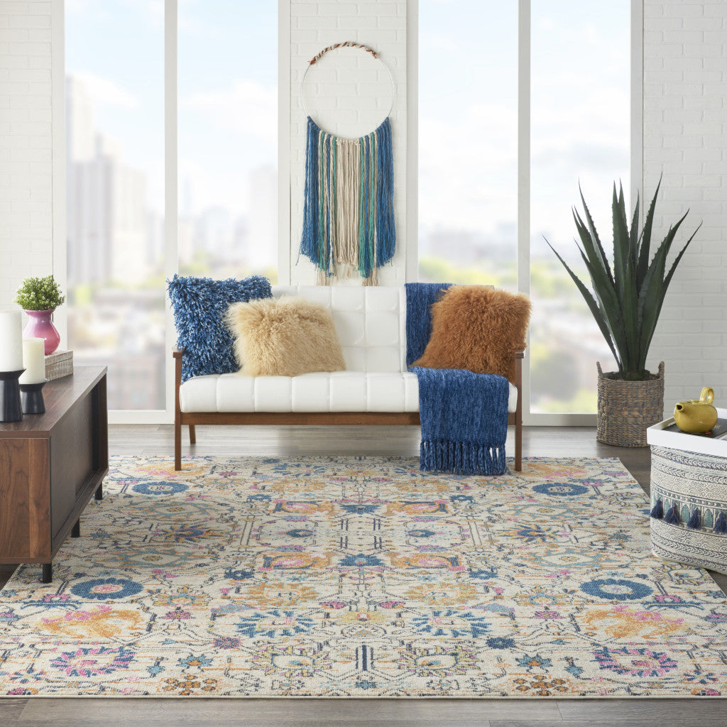 9' x 12' Cream Floral Power Loom Area Rug