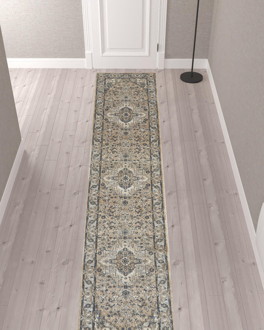 12' Gray and Ivory Medallion Power Loom Runner Rug