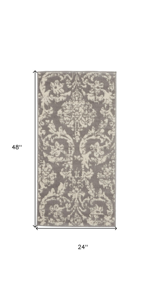 2' X 4' Gray Damask Power Loom Area Rug