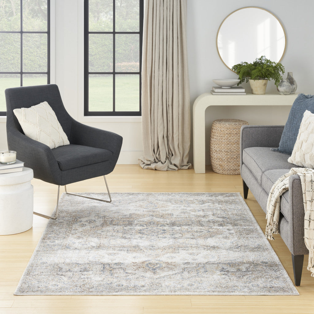 7' x 9' Silver Oriental Power Loom Washable Area Rug
