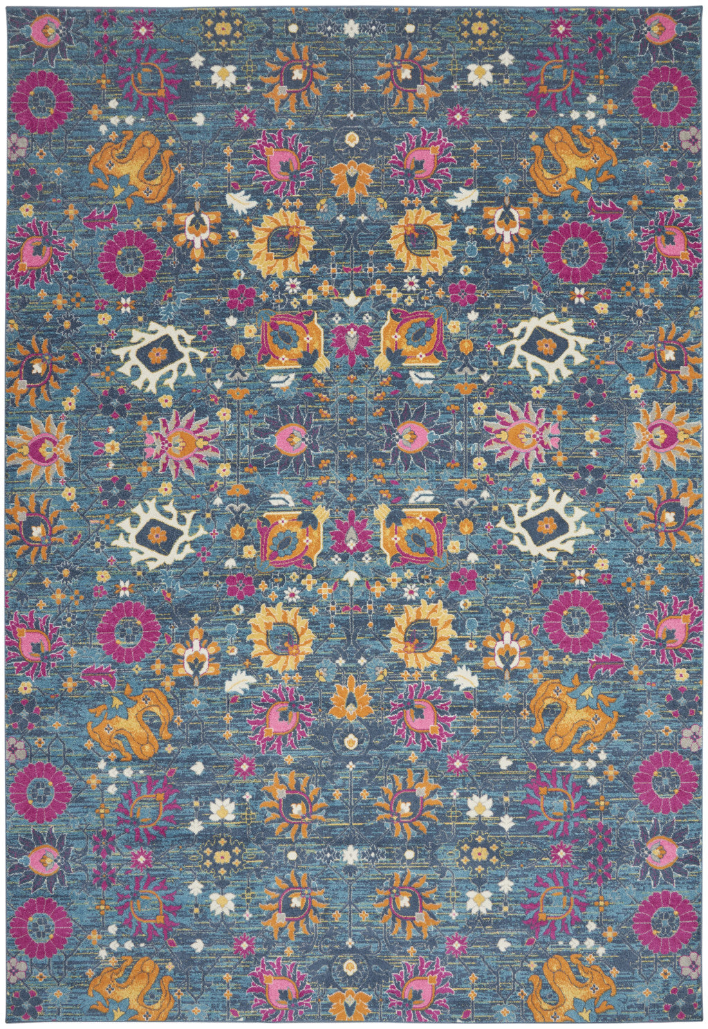 9' x 12' Blue Floral Power Loom Area Rug