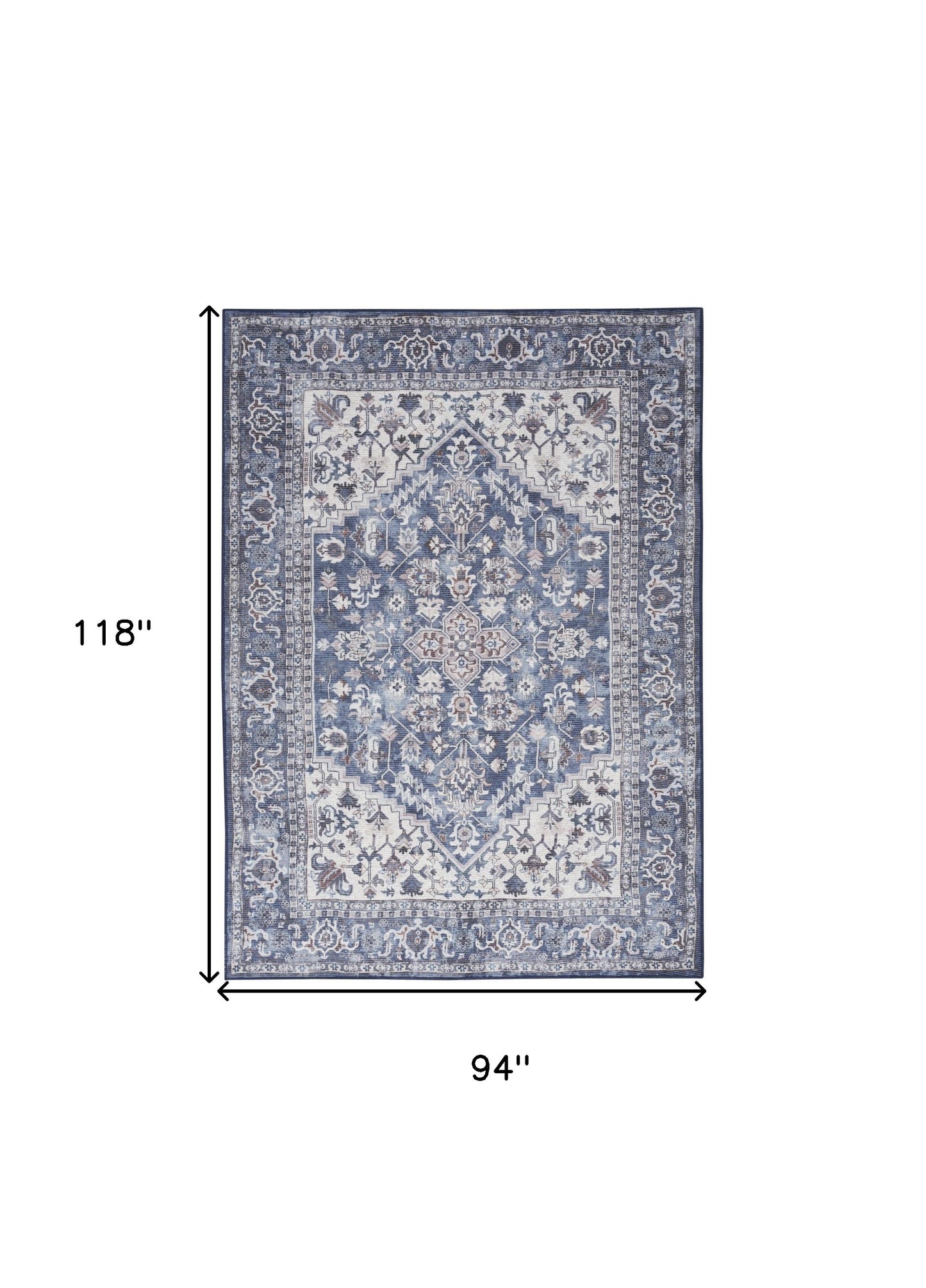 8' x 10' Gray Ivory and Blue Floral Distressed Washable Area Rug