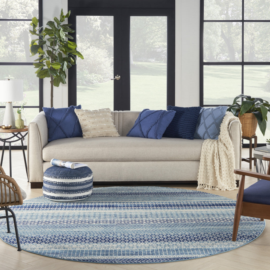 8' Navy Blue Round Floral Power Loom Area Rug