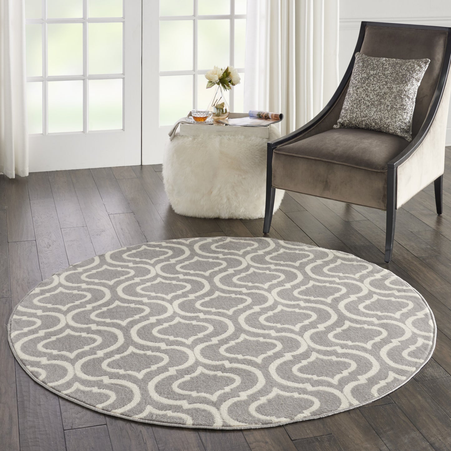 5' Gray Round Moroccan Power Loom Area Rug