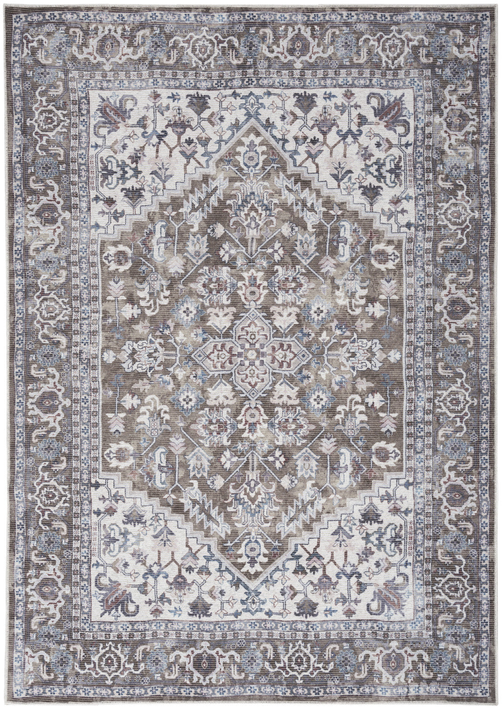 6' x 9' Gray Ivory and Blue Floral Distressed Washable Area Rug