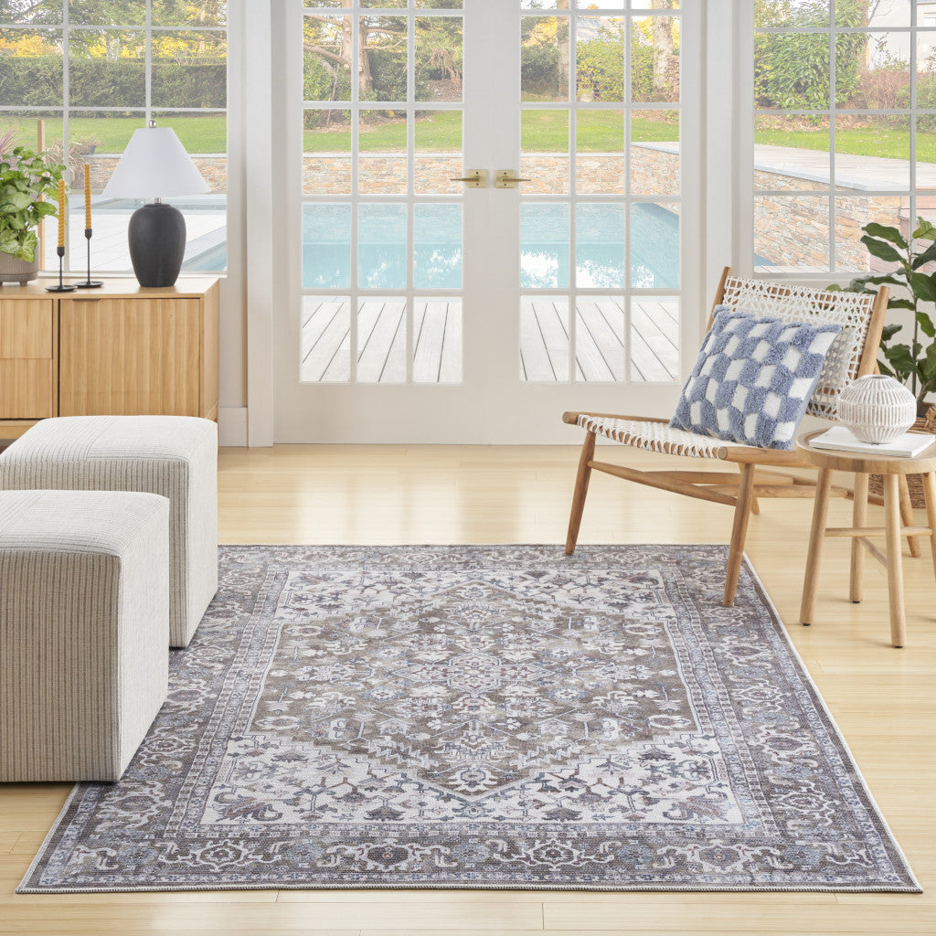 6' x 9' Gray Ivory and Blue Floral Distressed Washable Area Rug