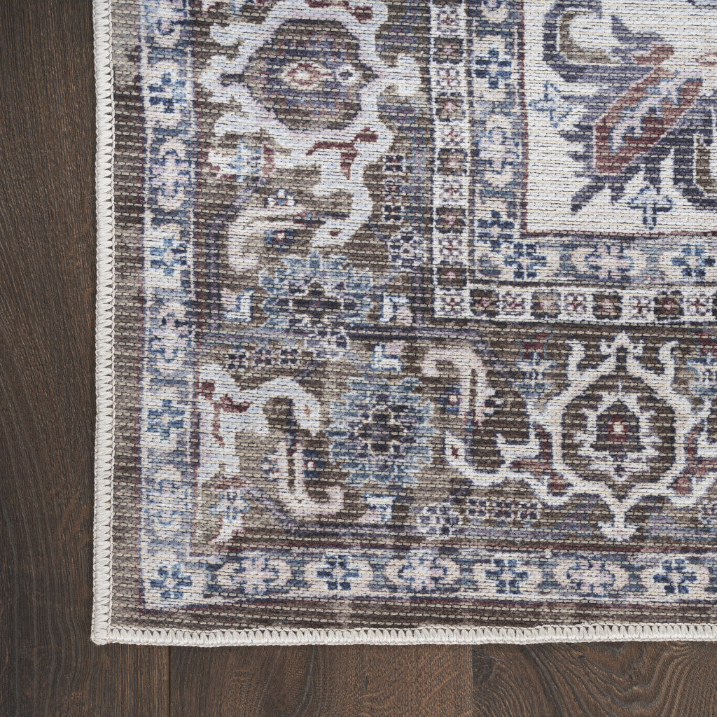 6' x 9' Gray Ivory and Blue Floral Distressed Washable Area Rug