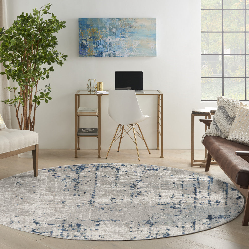 4' Blue and Gray Round Abstract Power Loom Area Rug
