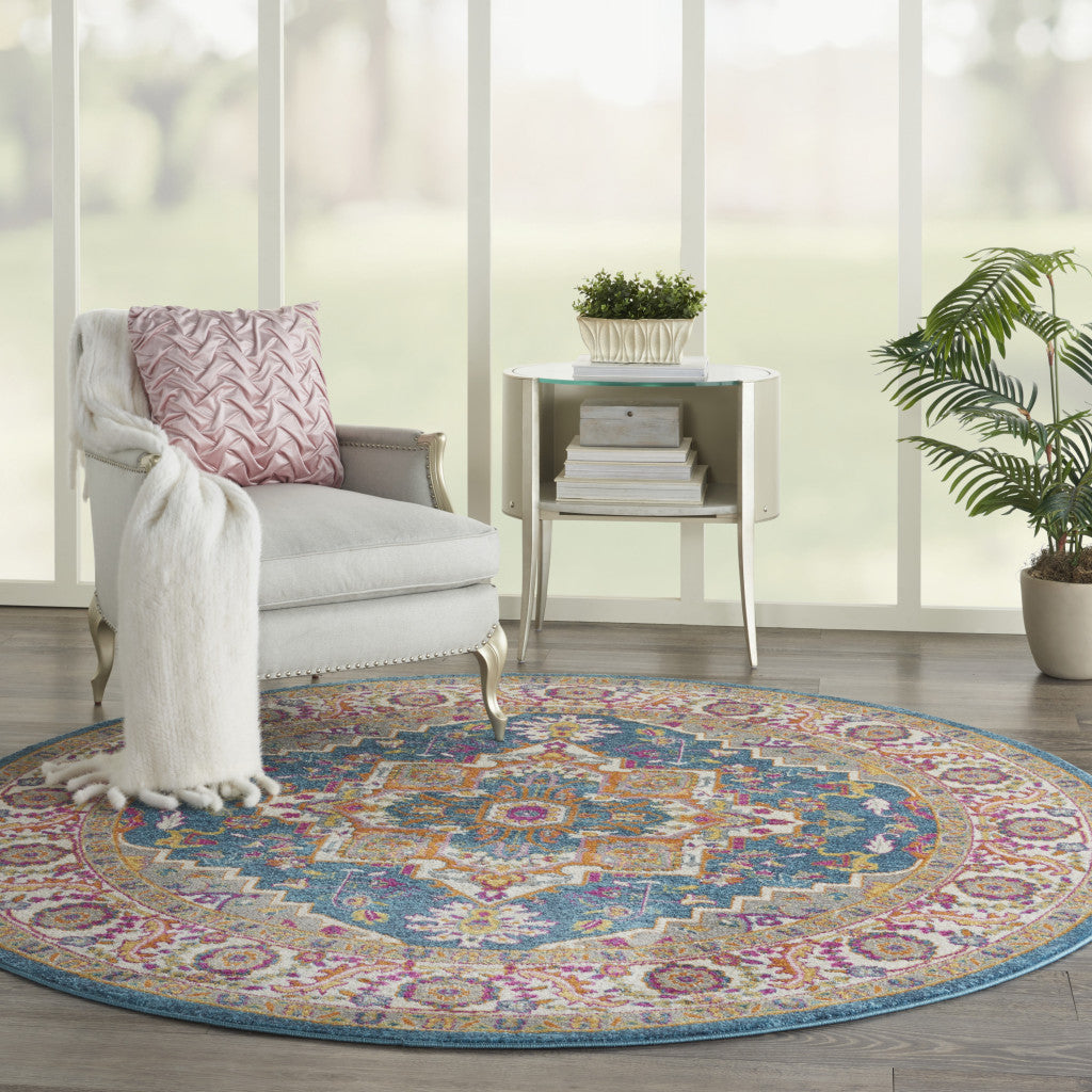8' Gray Round Floral Power Loom Area Rug