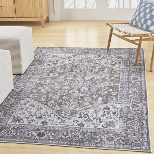 8' x 10' Gray Ivory and Blue Floral Distressed Washable Area Rug