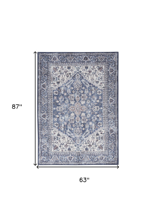 5' x 7' Gray Ivory and Blue Floral Power Loom Distressed Washable Area Rug