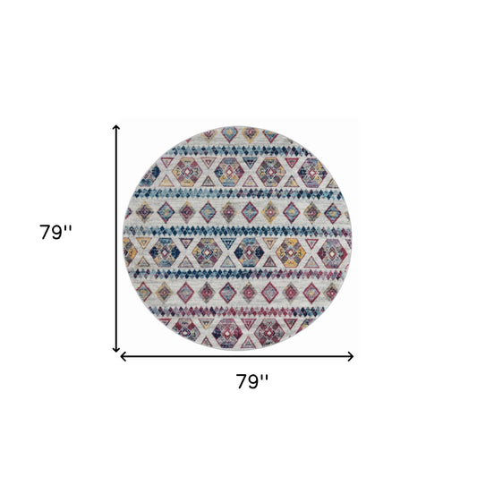 6' Ivory Round Geometric Power Loom Area Rug