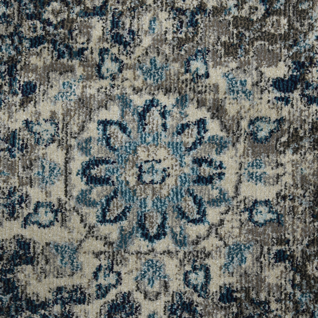 8' Teal Blue Medallion Power Loom Runner Rug