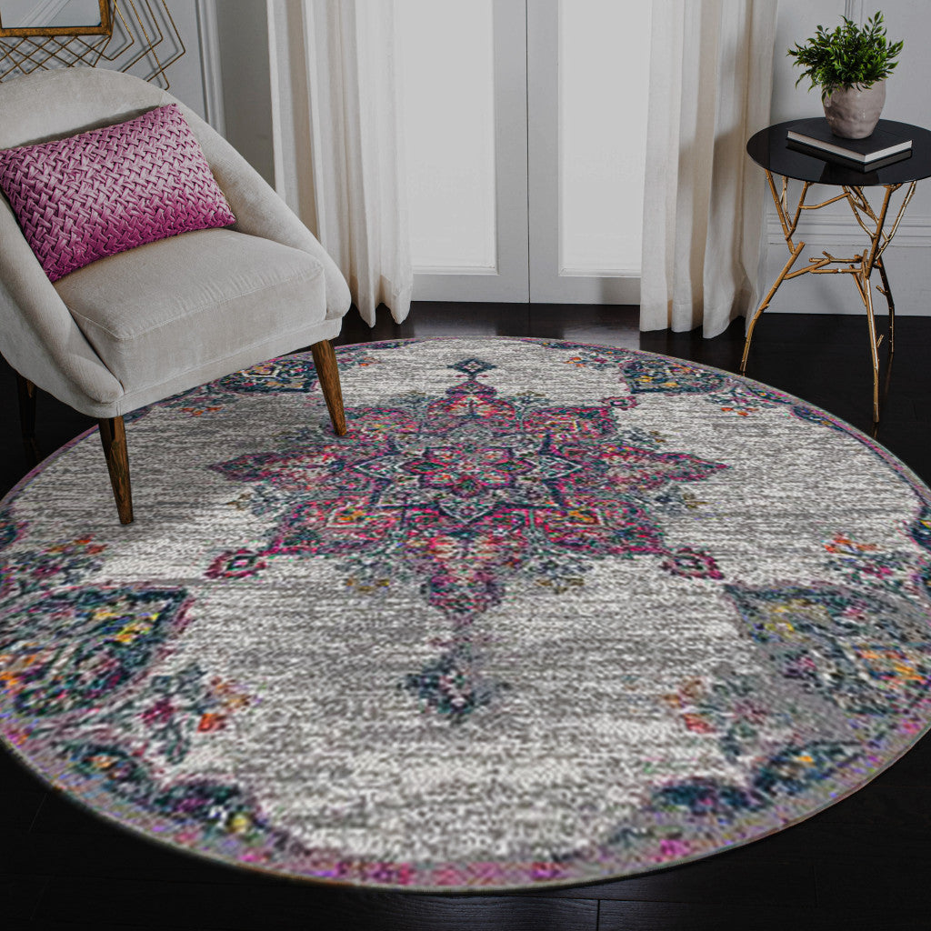7' Pink Round Medallion Power Loom Area Rug