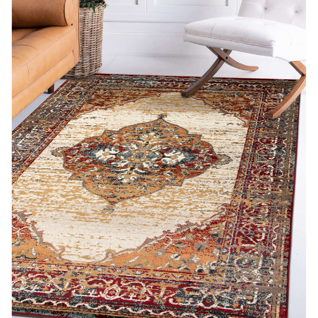 5' x 7' Red Medallion Power Loom Area Rug