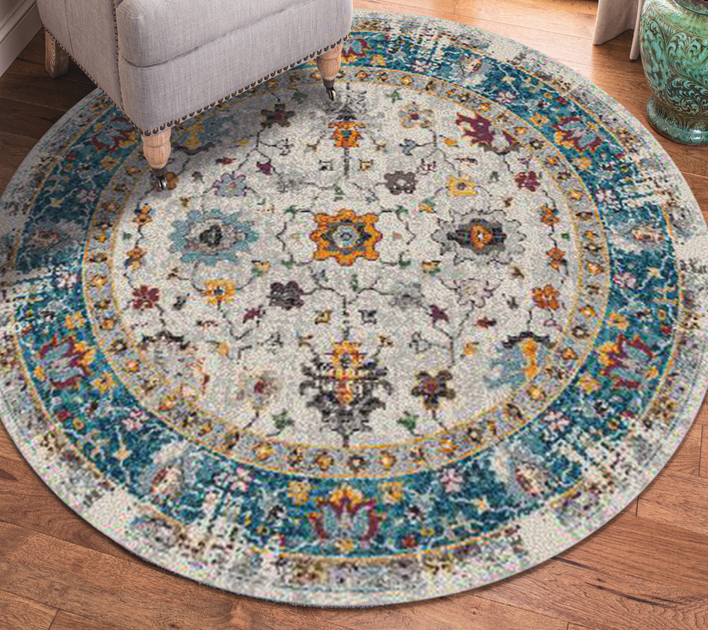 7' Blue and Orange Round Floral Power Loom Area Rug