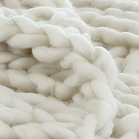 Cream Knitted Polyester Solid Color Throw Blanket